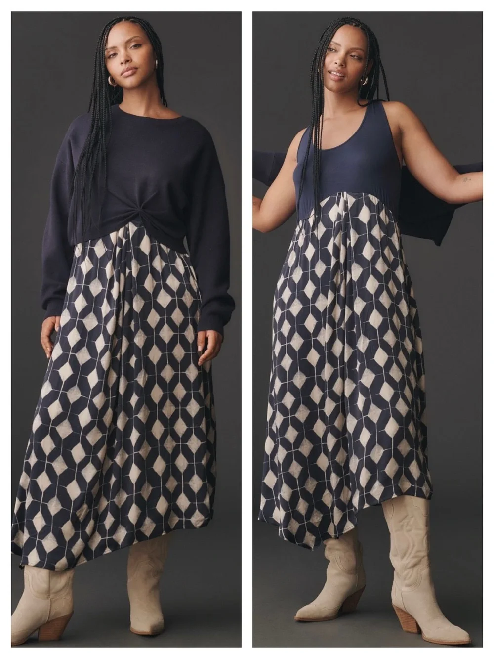 Anthropologie Boho Coastal Twofer Maxi Sweater Dress NWT XL Navy Geometric